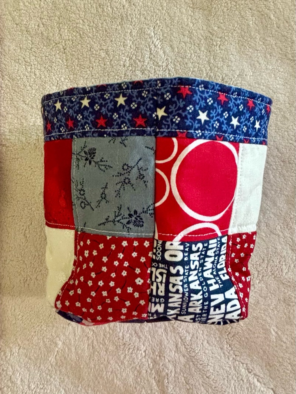Patriotic Patchwork Fabric Basket - Red, Navy & White 5x7 in